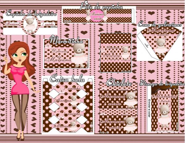 Artes digitais Tema Marrom e Rosa com ursas